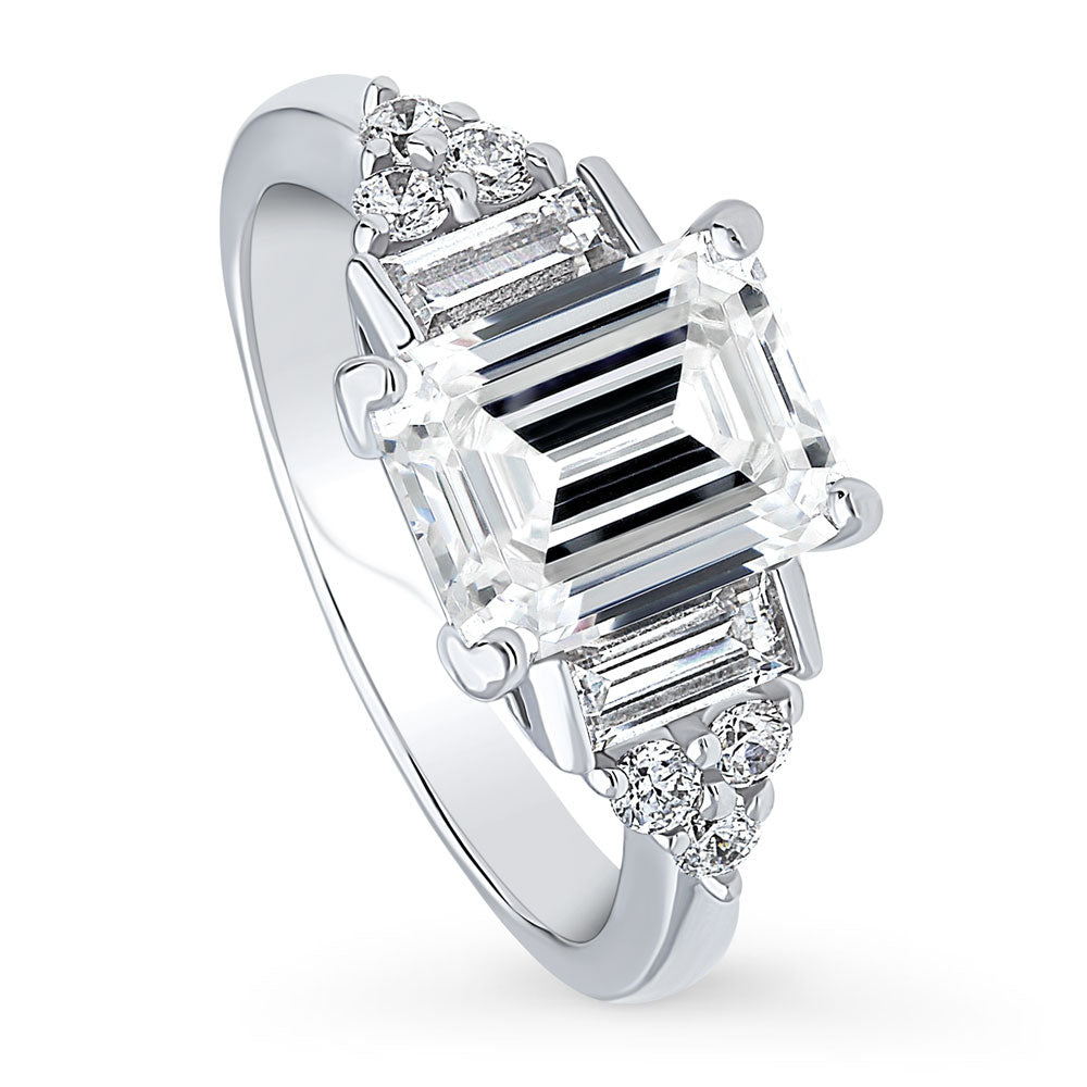 Front view of 3-Stone Emerald Cut CZ Ring in Sterling Silver, 3 of 9