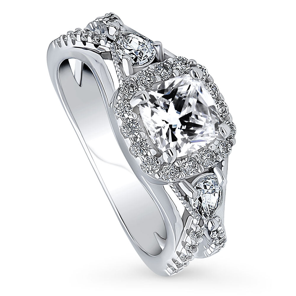 Front view of 3-Stone Halo Cushion CZ Split Shank Ring in Sterling Silver