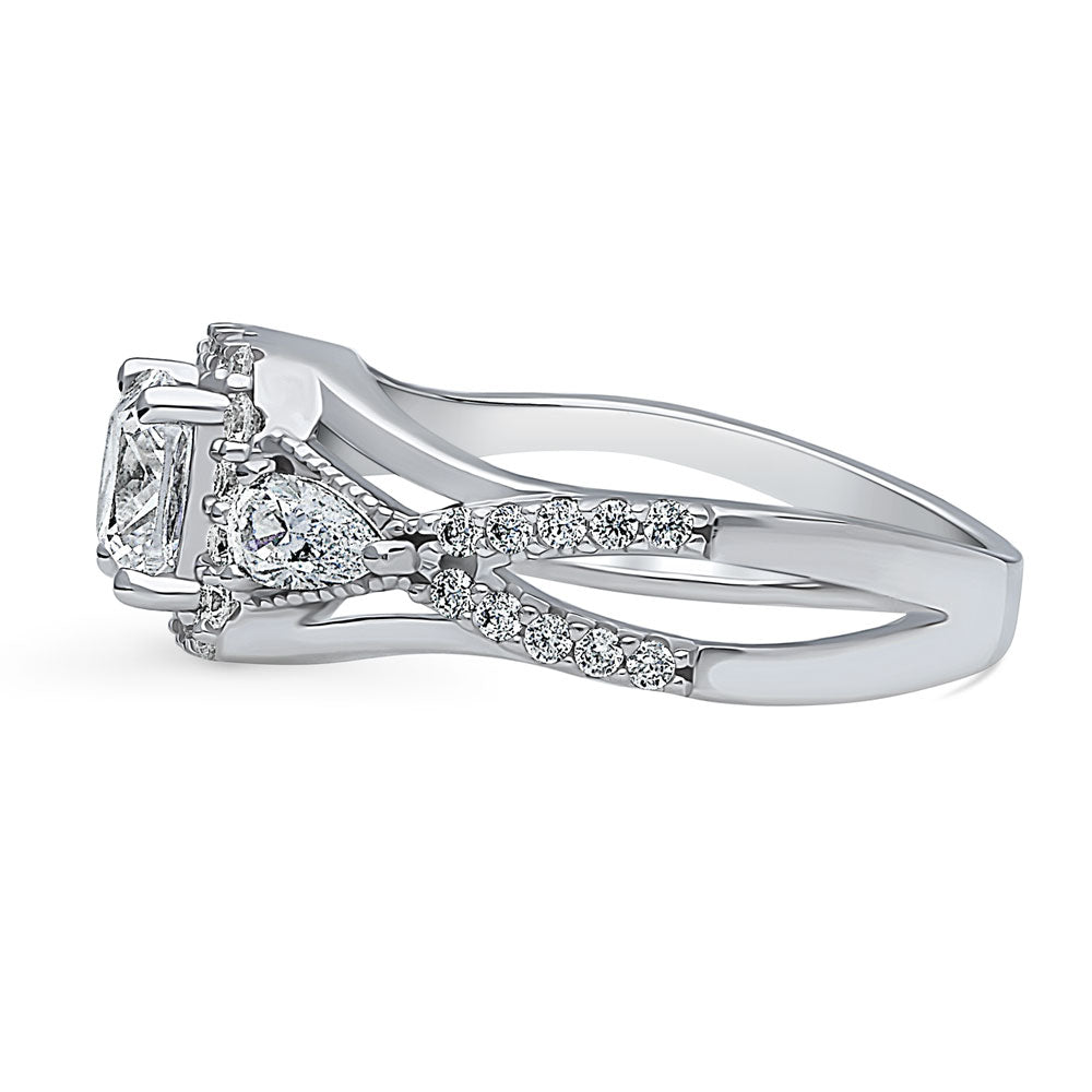 Angle view of 3-Stone Halo Cushion CZ Split Shank Ring in Sterling Silver