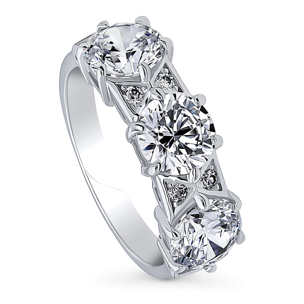 Front view of 3-Stone Art Deco Round CZ Statement Ring in Sterling Silver