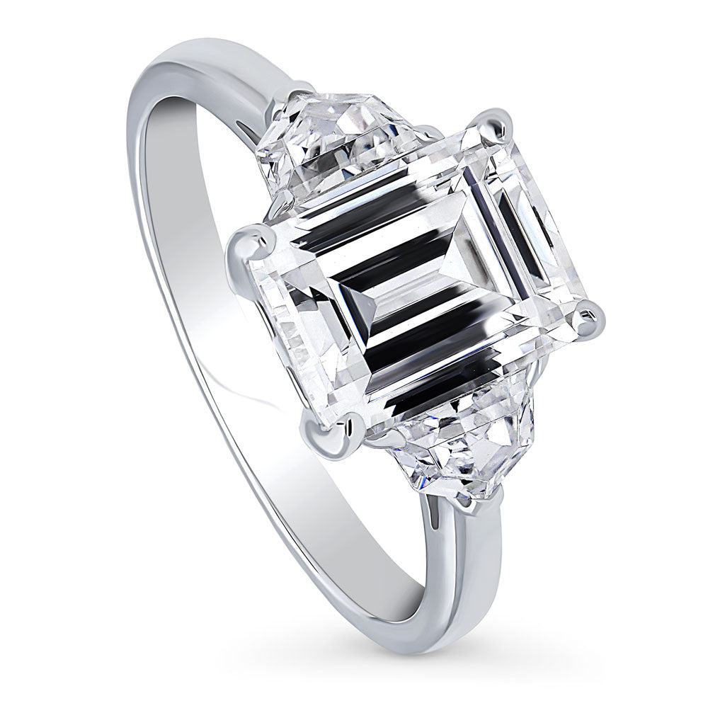 Front view of 3-Stone Step Emerald Cut CZ Ring in Sterling Silver