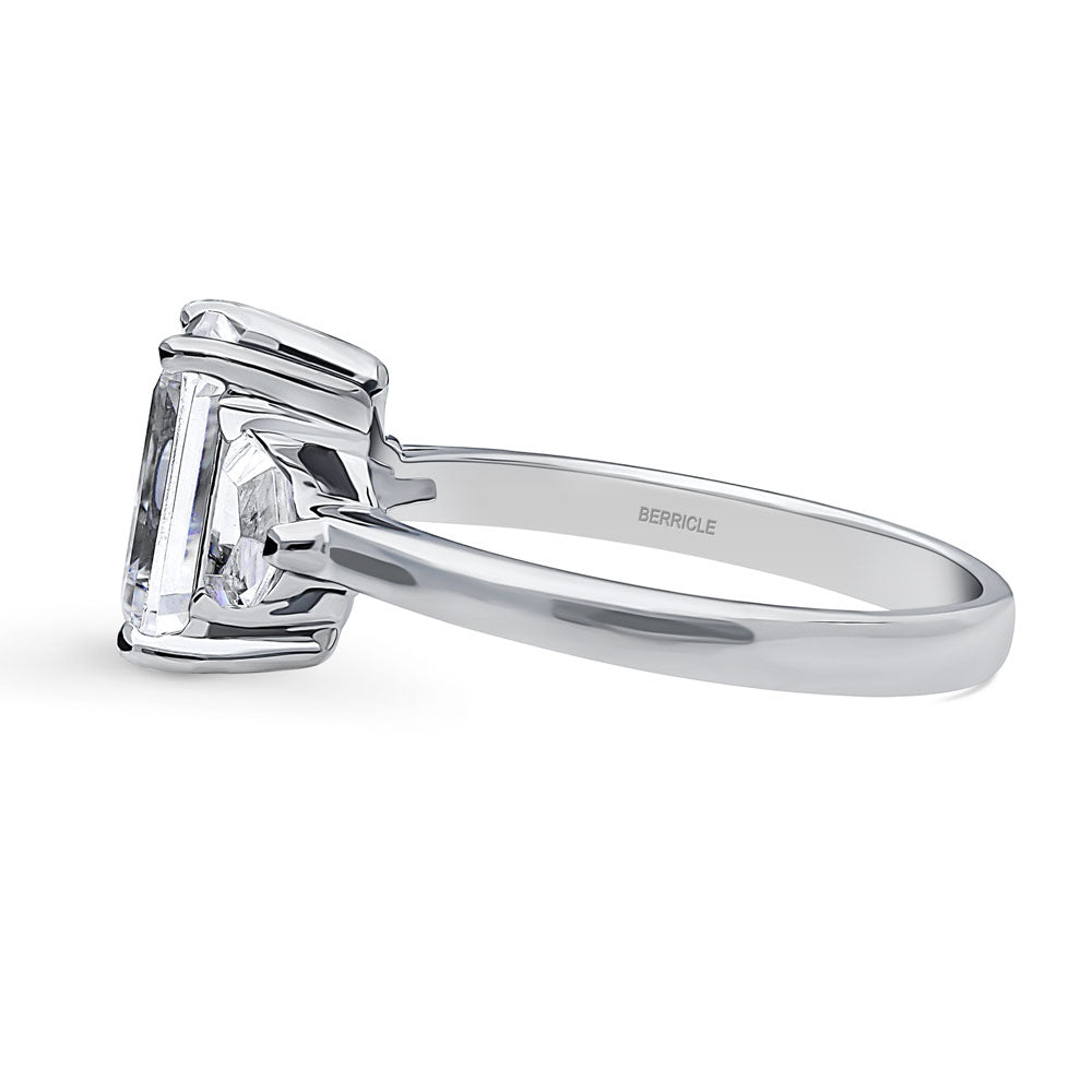 Angle view of 3-Stone Step Emerald Cut CZ Ring in Sterling Silver