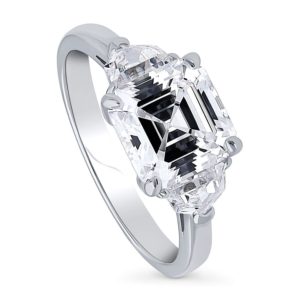 Front view of 3-Stone Asscher CZ Ring in Sterling Silver
