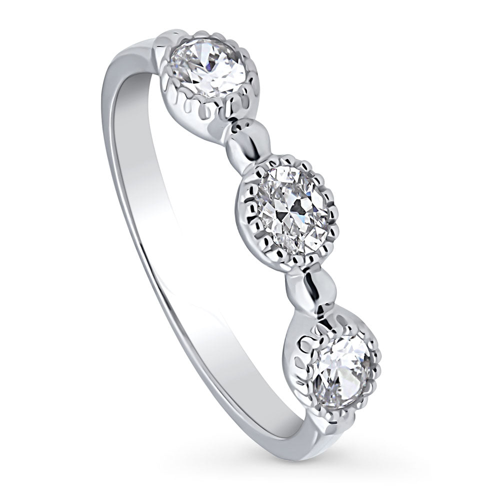 Milgrain Bezel Set Oval CZ Half Eternity Ring in Sterling Silver