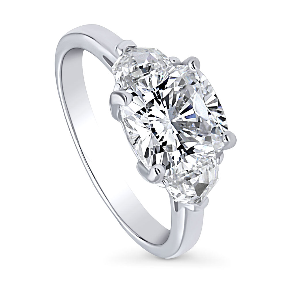 Front view of 3-Stone Cushion CZ Ring in Sterling Silver