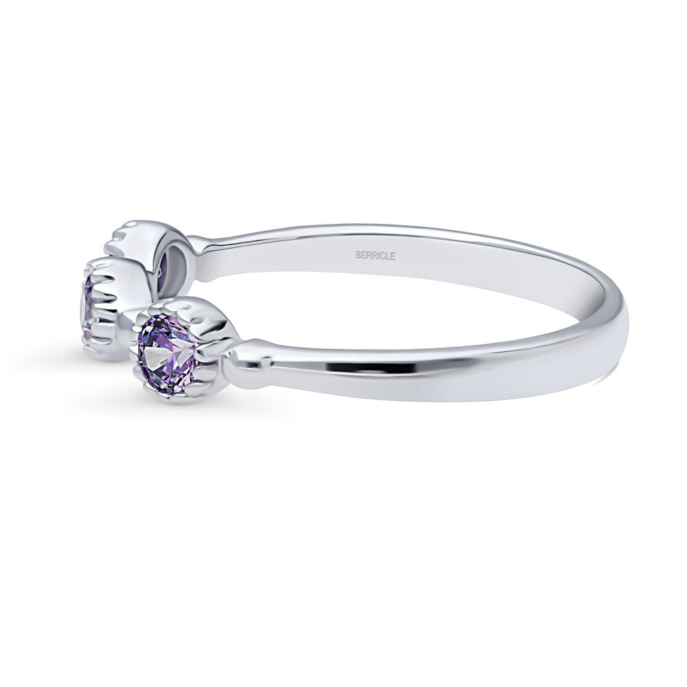 Angle view of Milgrain Purple Pave Set CZ Half Eternity Ring in Sterling Silver