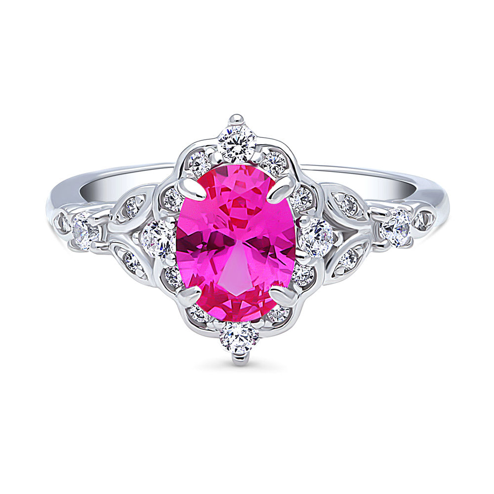 Halo Art Deco Pink Oval CZ Ring in Sterling Silver