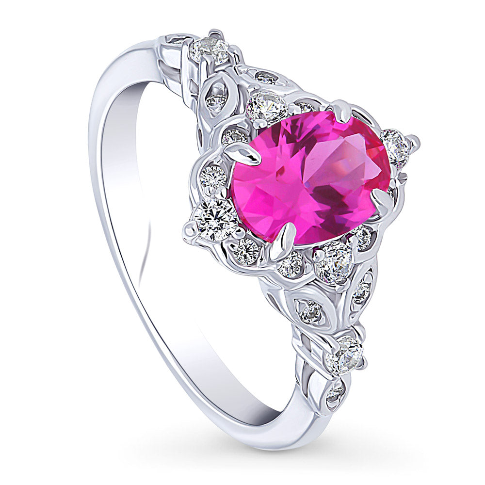 Front view of Halo Art Deco Pink Oval CZ Ring in Sterling Silver