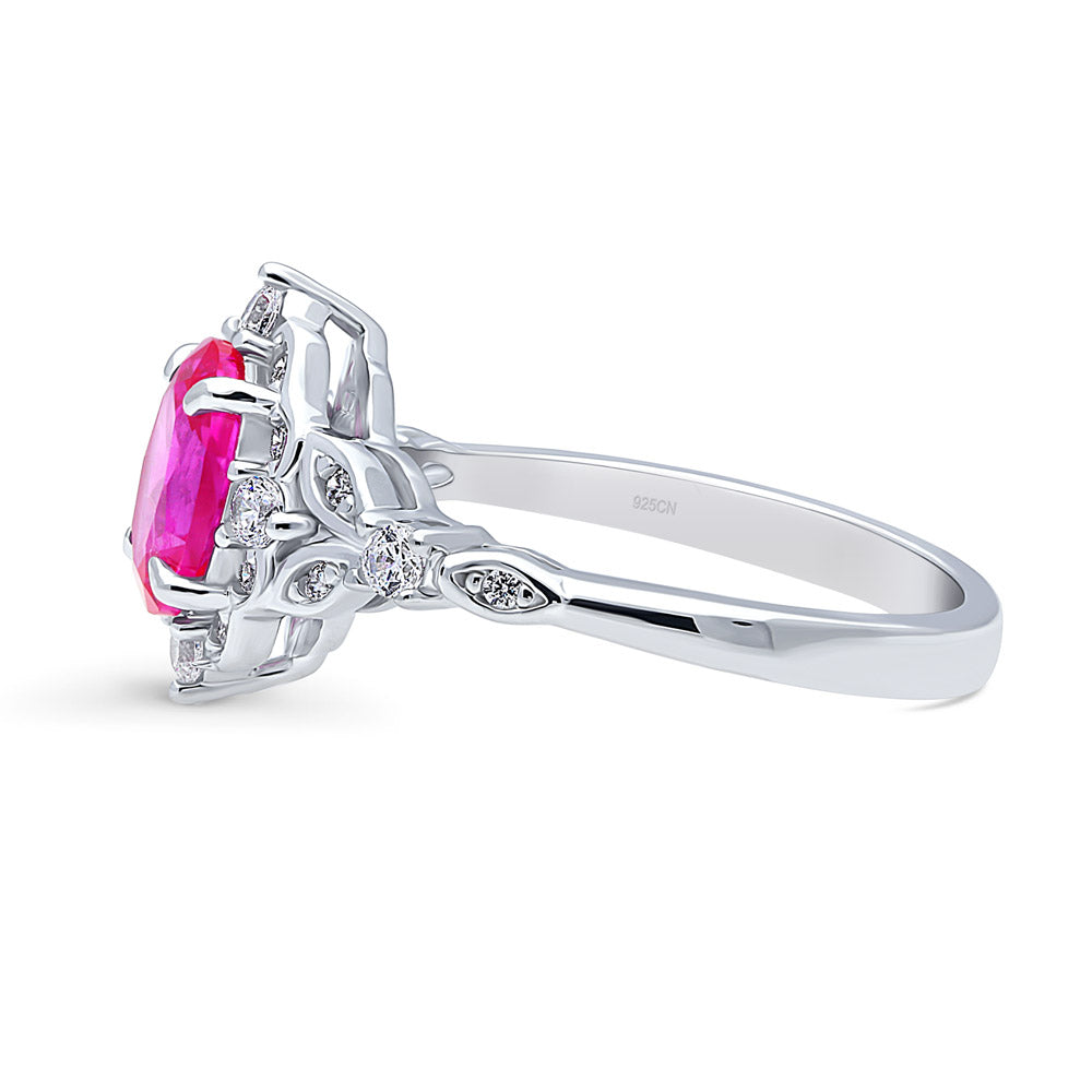 Angle view of Halo Art Deco Pink Oval CZ Ring in Sterling Silver