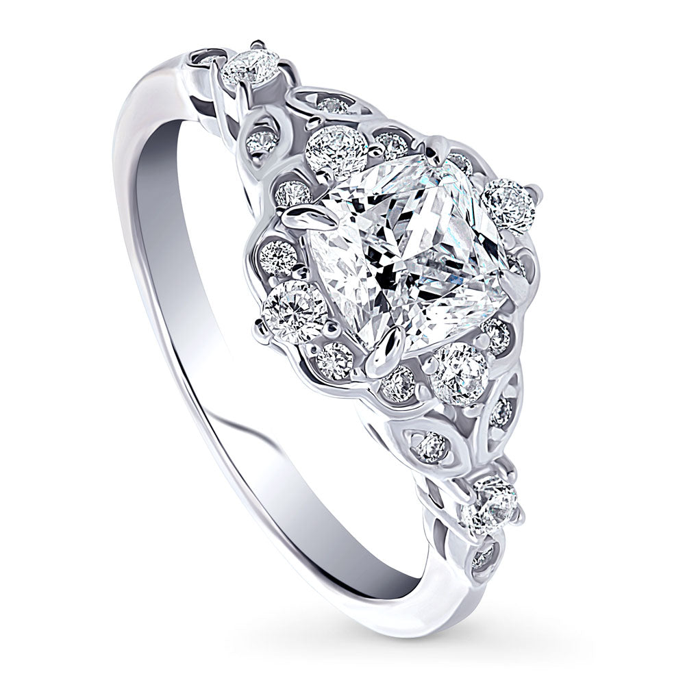 Front view of Halo Art Deco Cushion CZ Ring in Sterling Silver