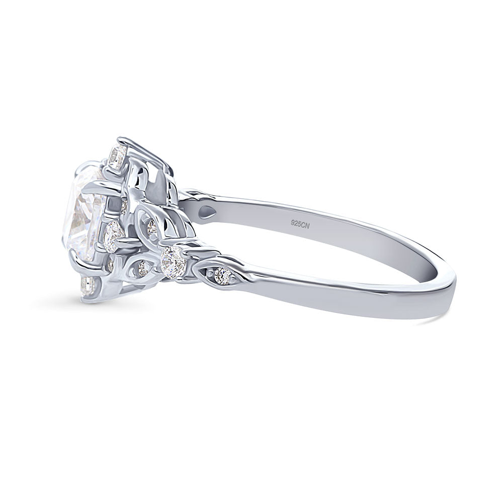 Angle view of Halo Art Deco Cushion CZ Ring in Sterling Silver