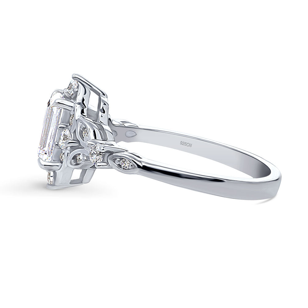Angle view of Halo Art Deco Step Emerald Cut CZ Ring in Sterling Silver