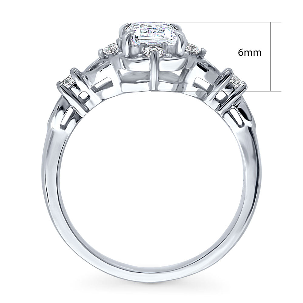 Halo Art Deco Step Emerald Cut CZ Ring in Sterling Silver