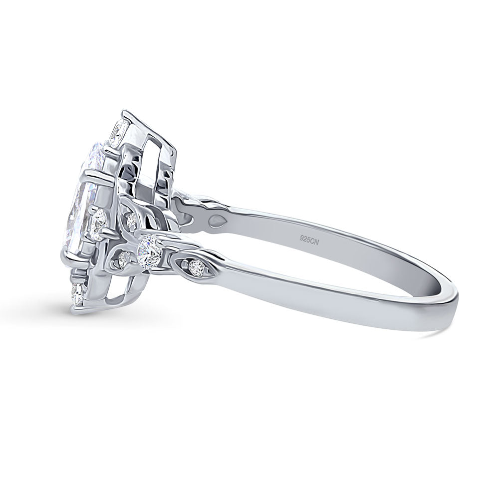 Angle view of Halo Art Deco Pear CZ Ring in Sterling Silver