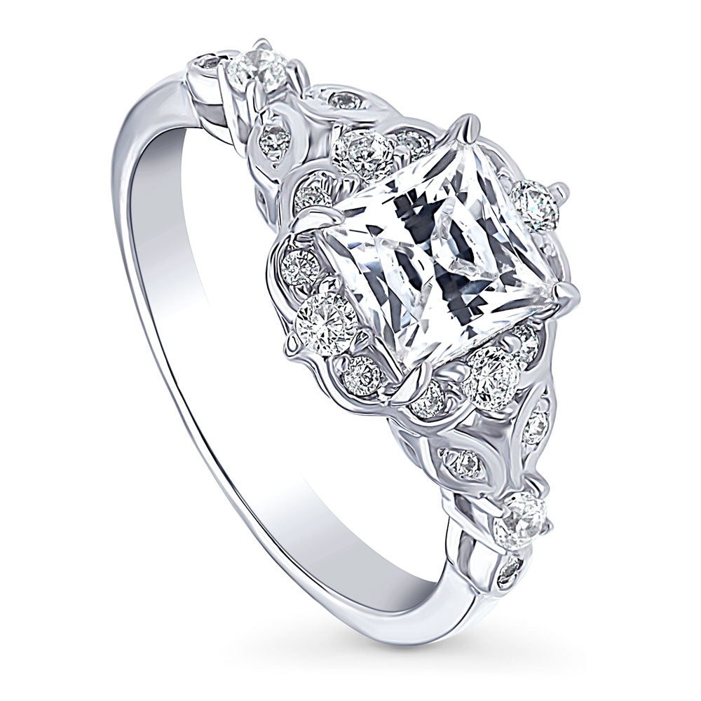 Front view of Halo Art Deco Princess CZ Ring in Sterling Silver, 4 of 9