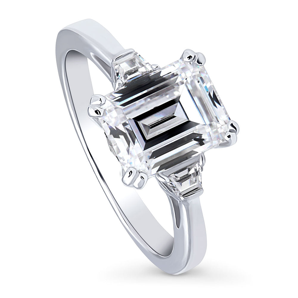 Front view of 3-Stone Emerald Cut CZ Ring in Sterling Silver
