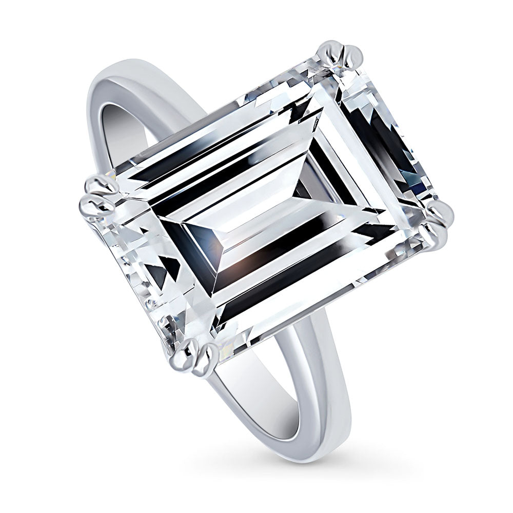 Front view of Solitaire 8.5ct Emerald Cut CZ Statement Ring in Sterling Silver