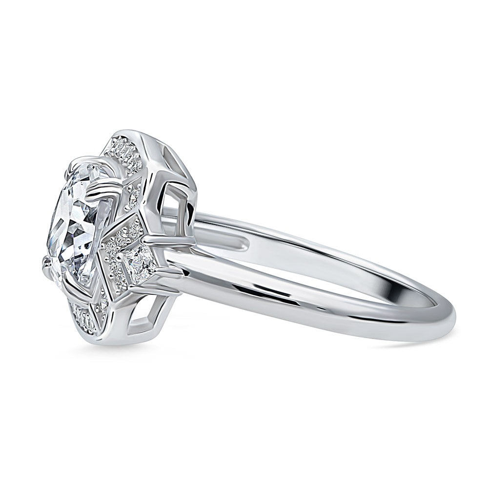 Angle view of Halo Arrow Cushion CZ Statement Ring in Sterling Silver