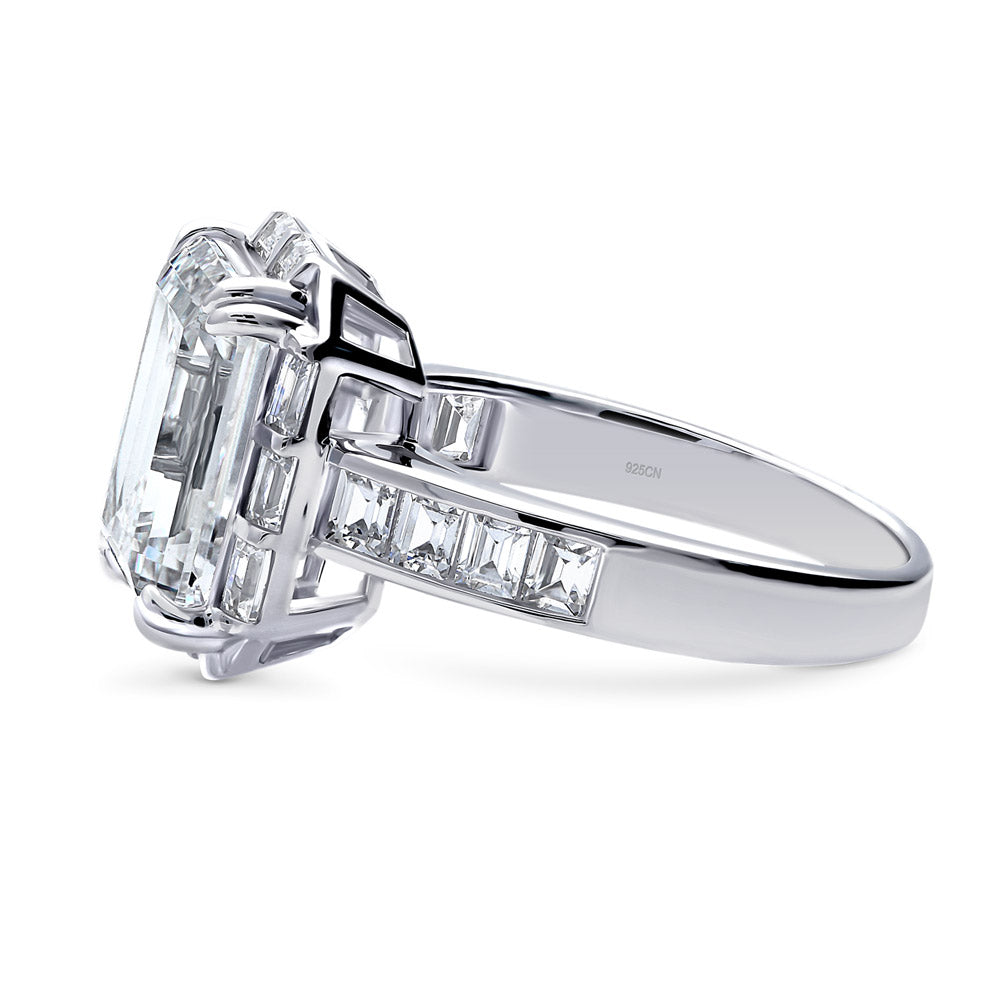Angle view of Halo Art Deco Step Emerald Cut CZ Ring in Sterling Silver