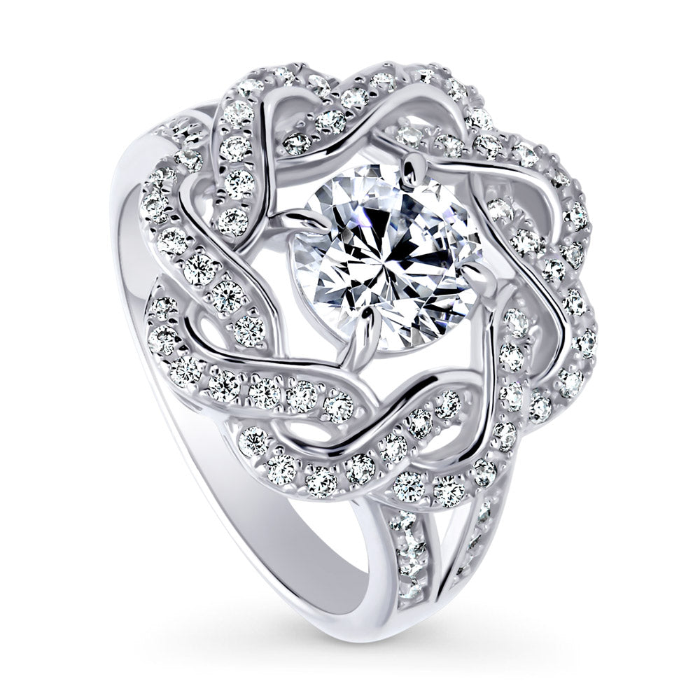 Front view of Flower Woven CZ Split Shank Ring in Sterling Silver