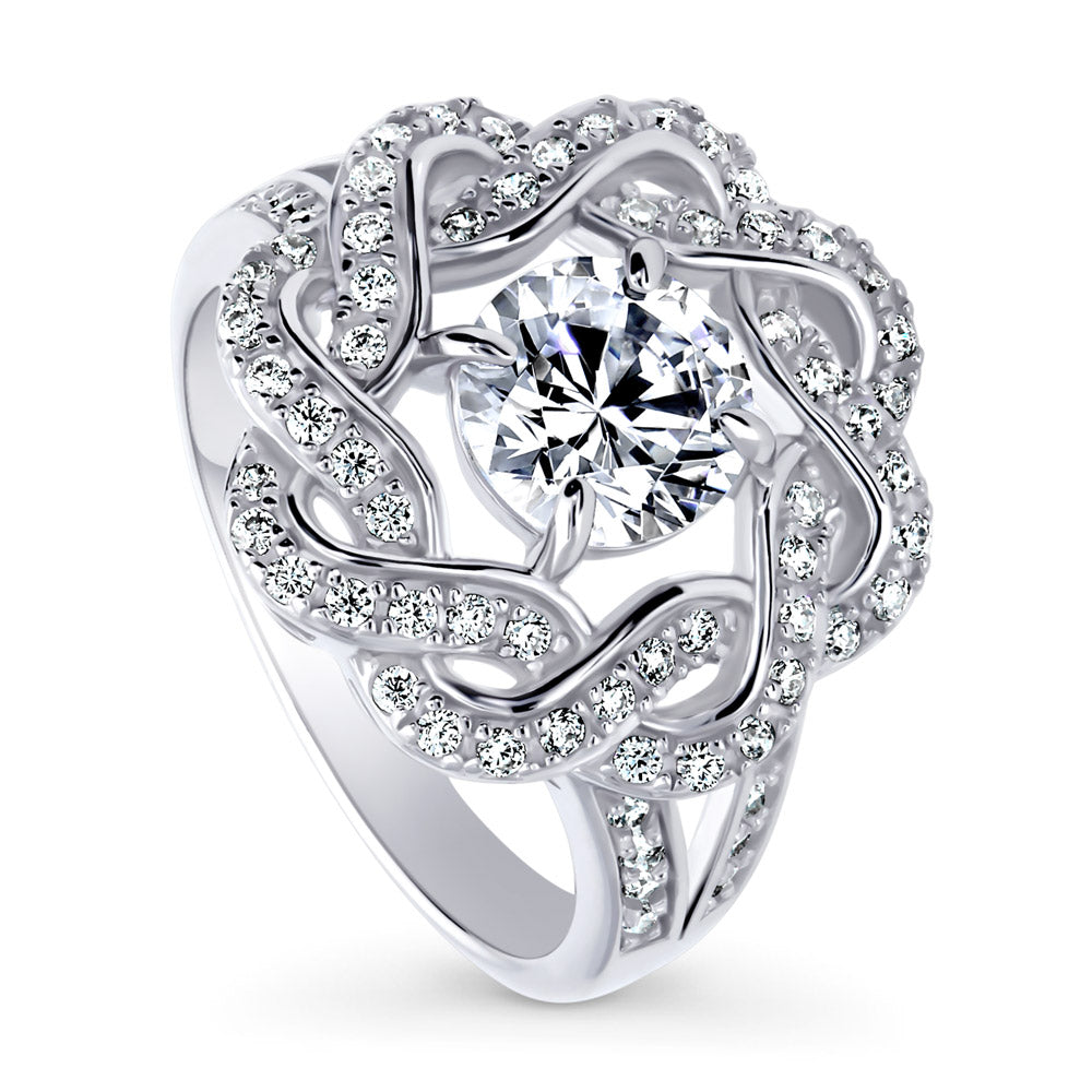 Flower Woven Ribbon Wreath CZ Split Shank Ring in Sterling Silver