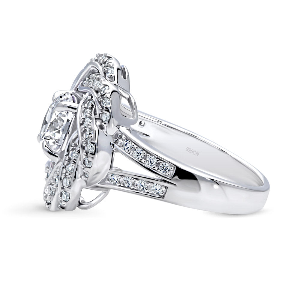 Angle view of Flower Woven CZ Split Shank Ring in Sterling Silver
