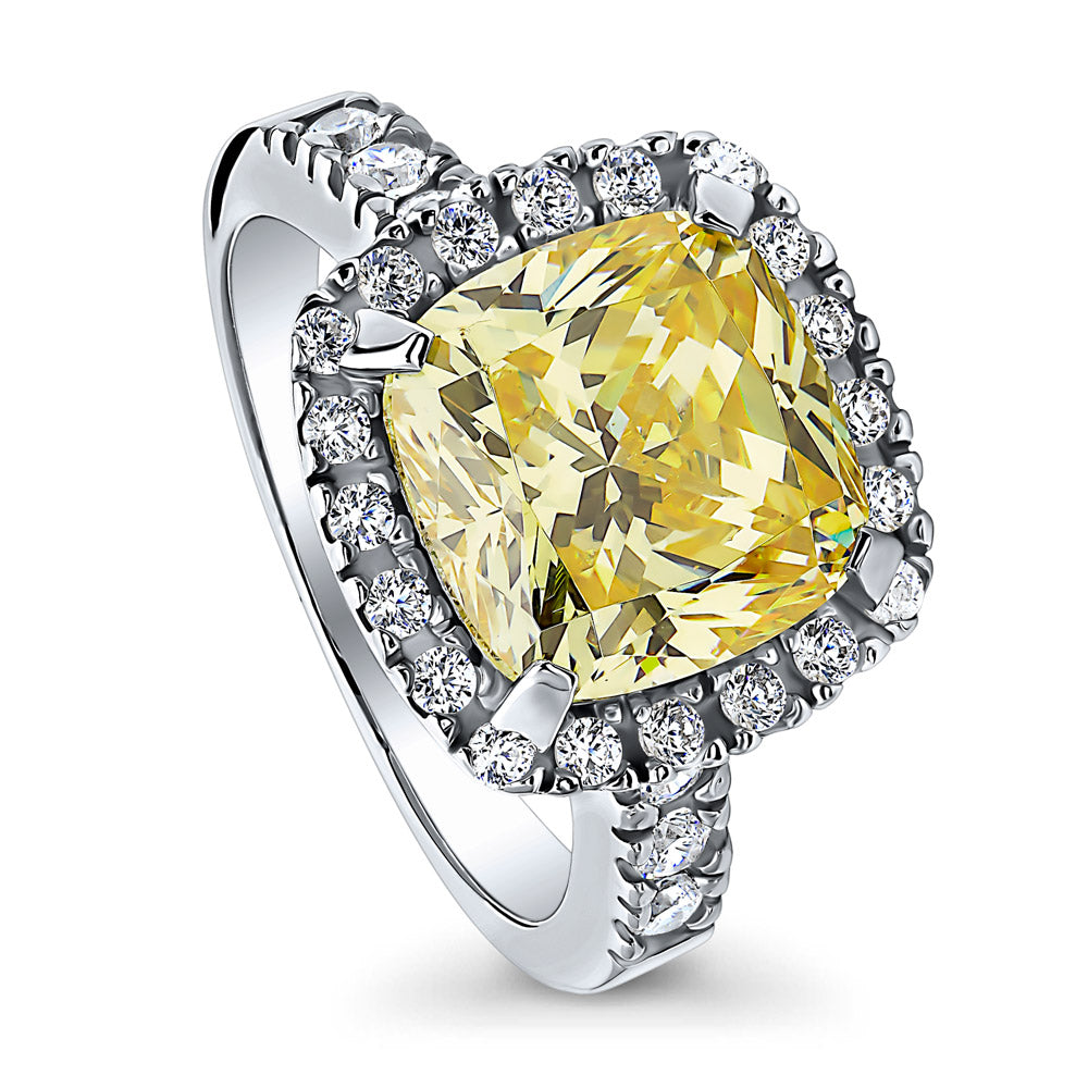 Front view of Halo Canary Yellow Cushion CZ Statement Ring in Sterling Silver
