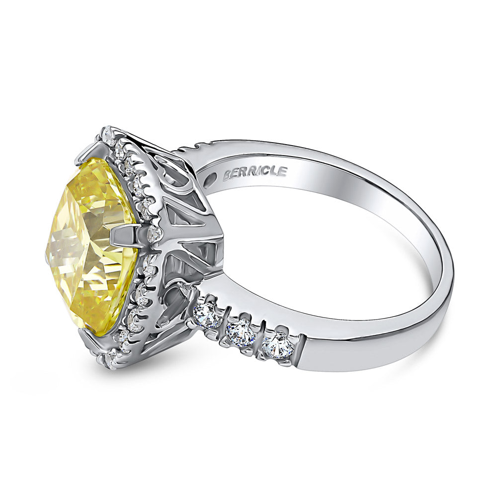 Angle view of Halo Canary Yellow Cushion CZ Statement Ring in Sterling Silver
