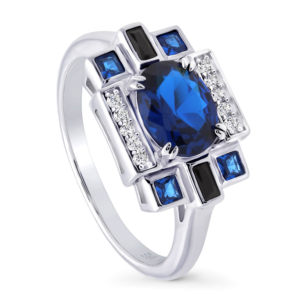 Art Deco Simulated Blue Sapphire CZ Ring in Sterling Silver, front view