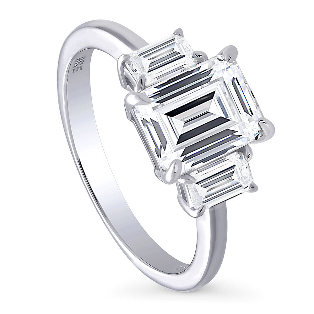 Front view of 3-Stone Step Emerald Cut CZ Ring in Sterling Silver, 4 of 9