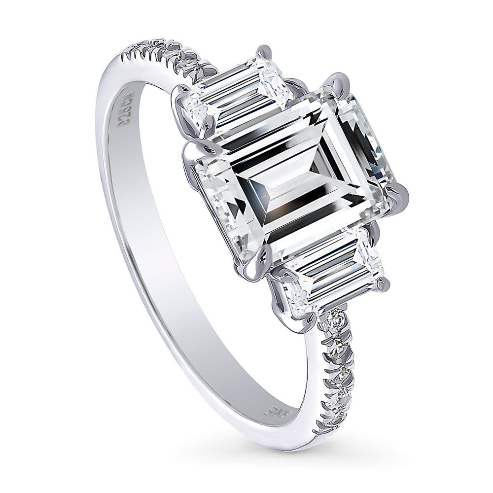 3-Stone Step Emerald Cut CZ Ring in Sterling Silver, front view