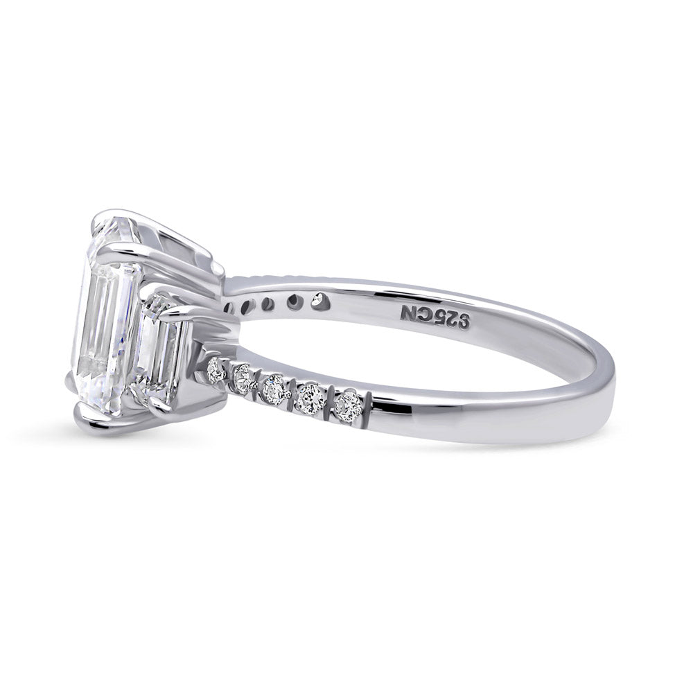 3-Stone Step Emerald Cut CZ Ring in Sterling Silver, side view