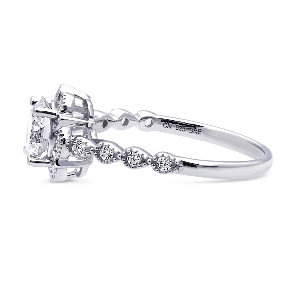 Angle view of Halo Flower Round CZ Ring in Sterling Silver