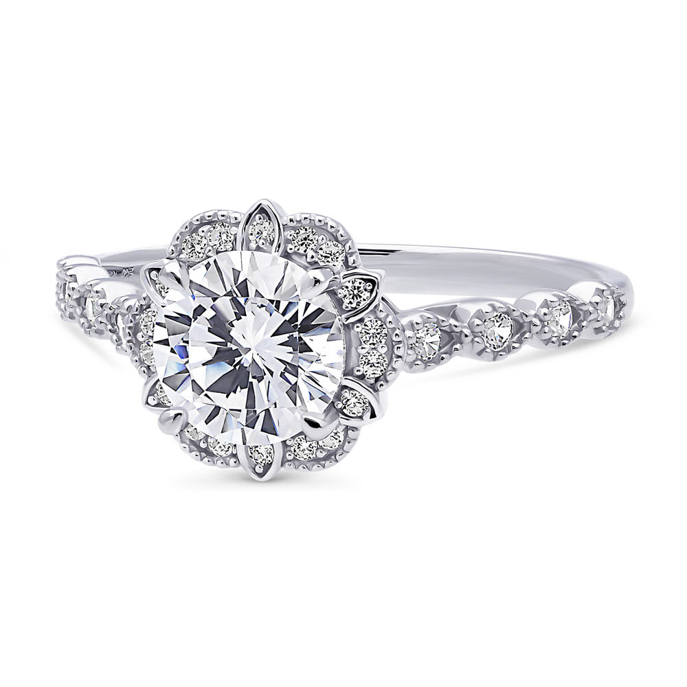 Side view of Halo Flower Round CZ Ring in Sterling Silver