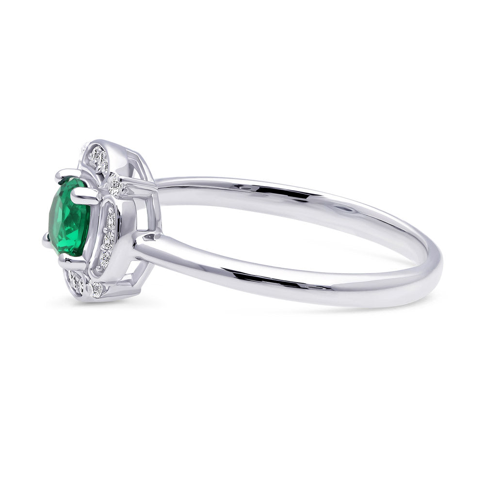 Angle view of Halo Flower Green Round CZ Ring in Sterling Silver