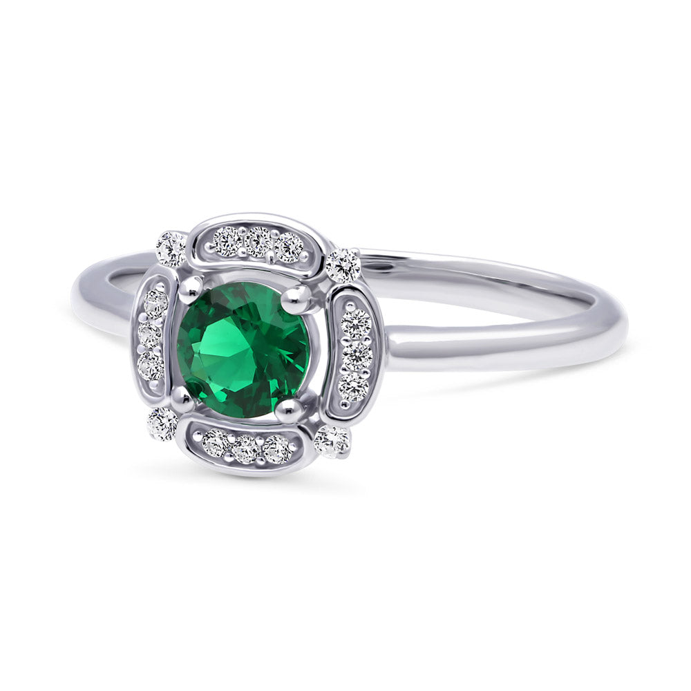 Side view of Halo Flower Green Round CZ Ring in Sterling Silver