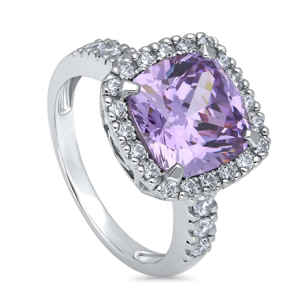 Front view of Halo Purple Cushion CZ Statement Ring in Sterling Silver
