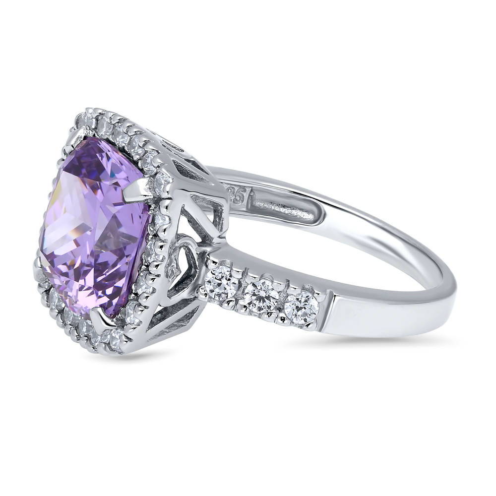 Angle view of Halo Purple Cushion CZ Statement Ring in Sterling Silver