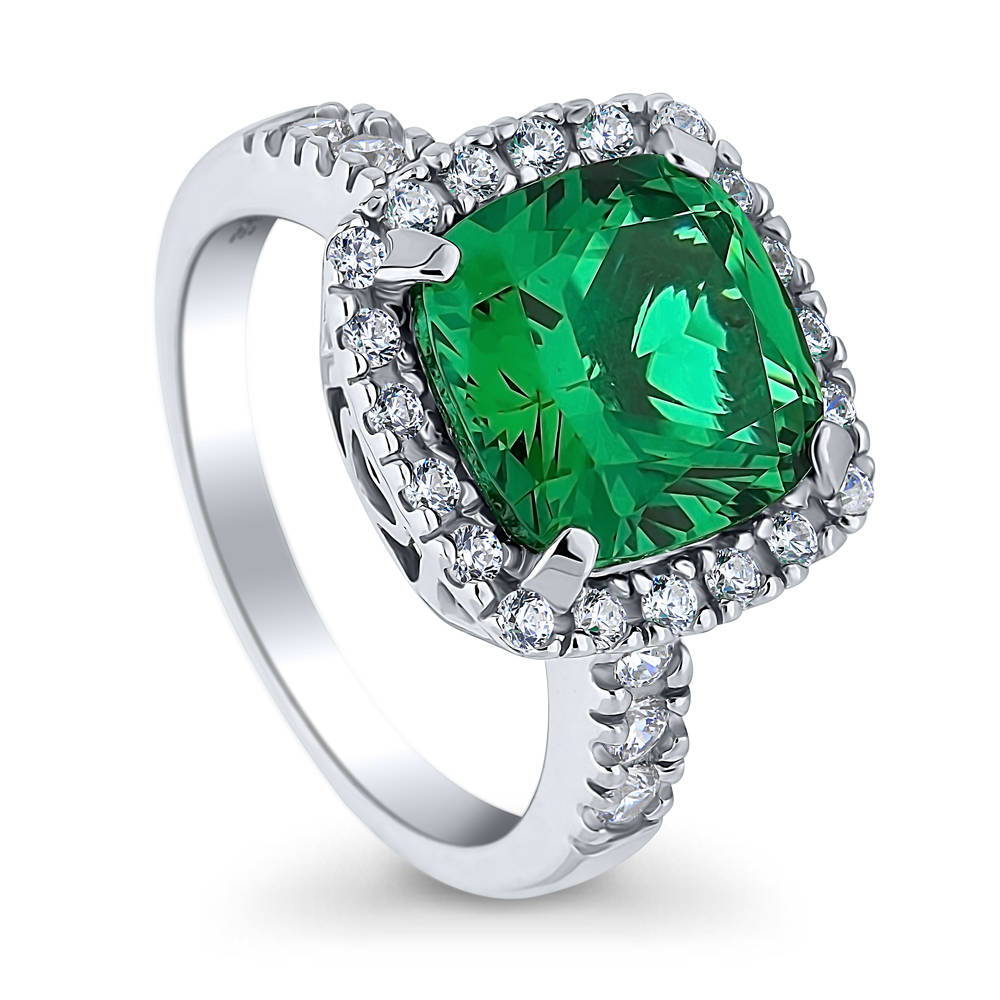 Front view of Halo Green Cushion CZ Statement Ring in Sterling Silver