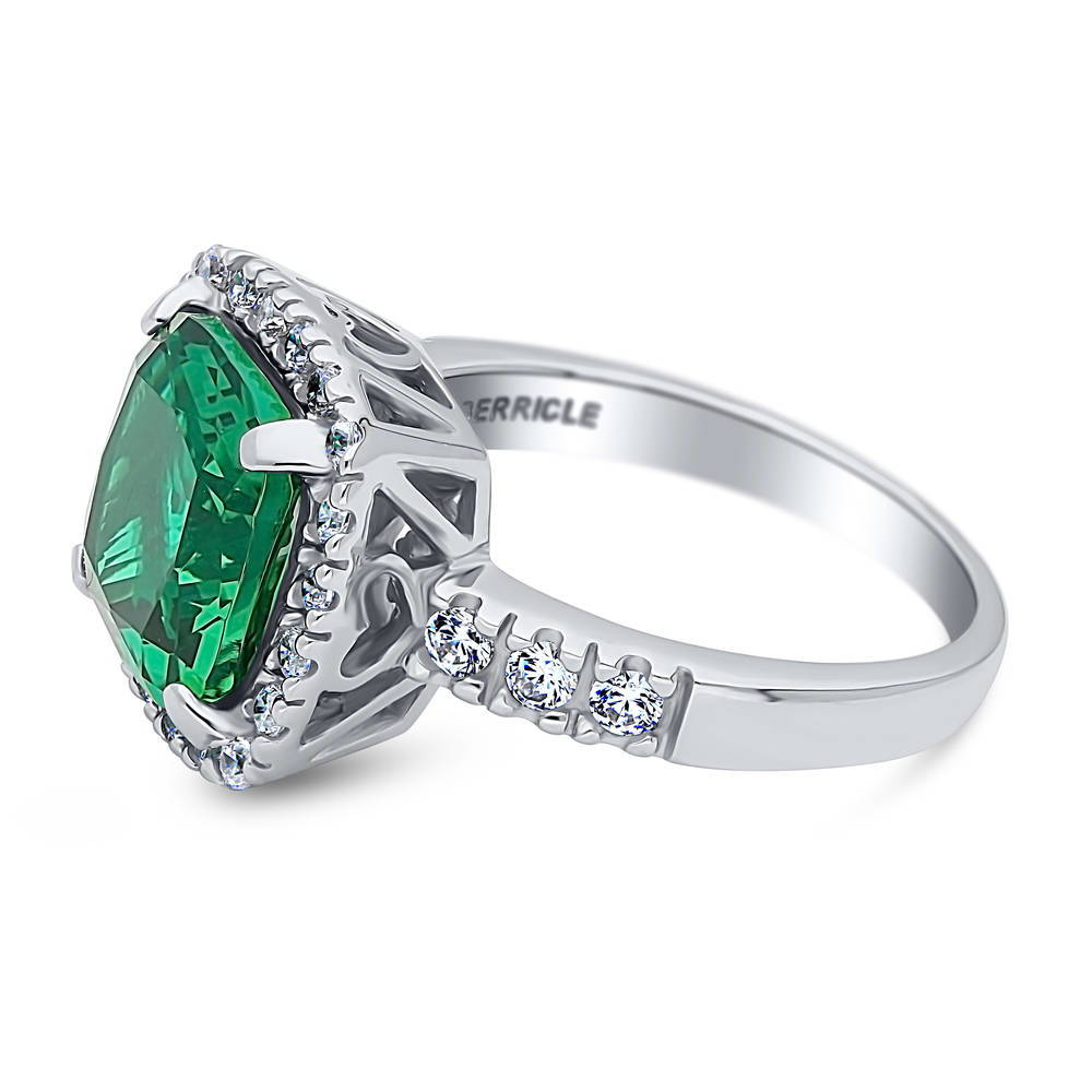 Angle view of Halo Green Cushion CZ Statement Ring in Sterling Silver