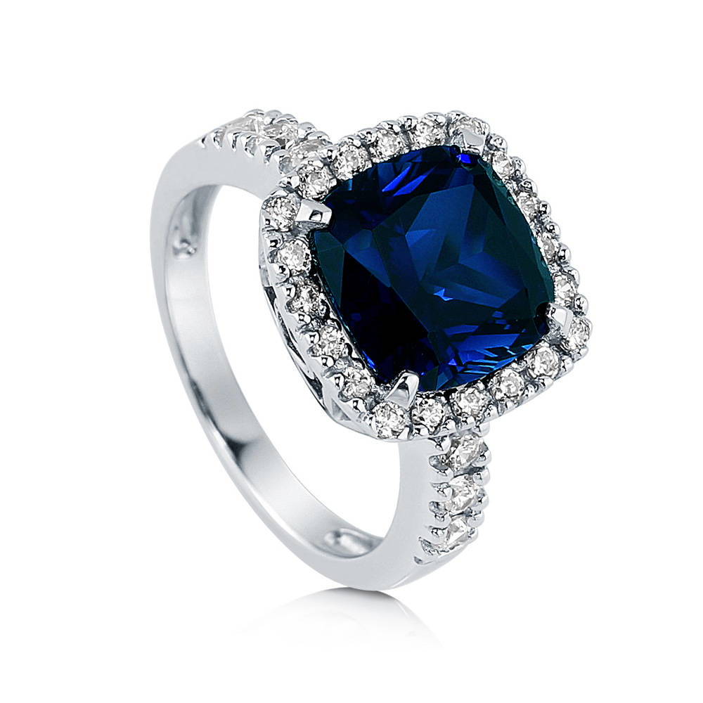 Front view of Halo Simulated Blue Sapphire Cushion CZ Ring in Sterling Silver