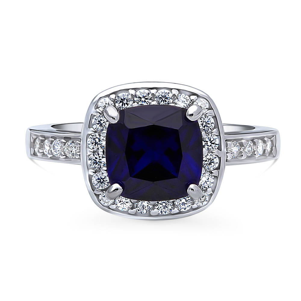 Halo Simulated Blue Sapphire Cushion CZ Ring in Sterling Silver