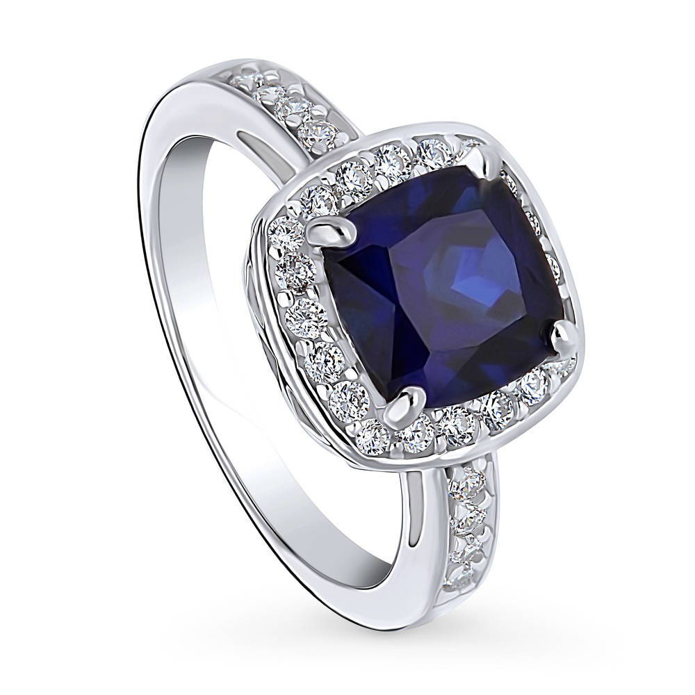 Front view of Halo Simulated Blue Sapphire Cushion CZ Ring in Sterling Silver