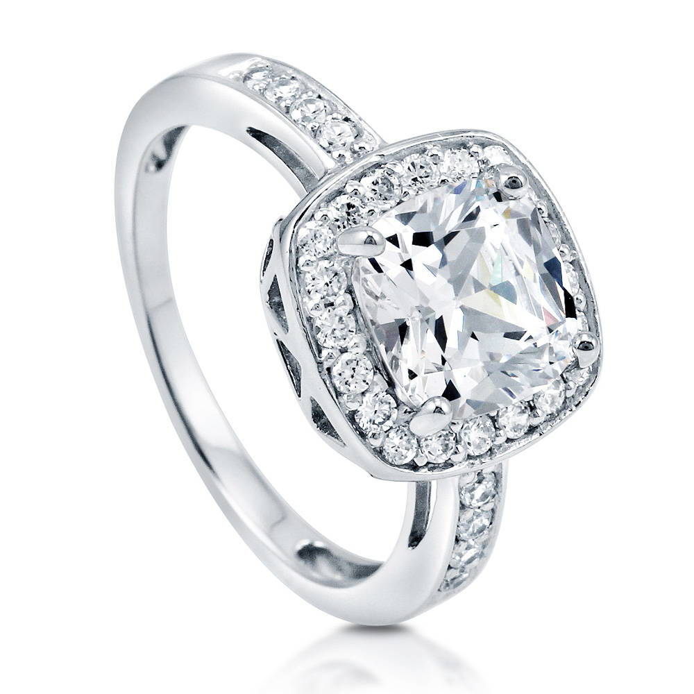 Angle view of Halo Cushion CZ Ring in Sterling Silver