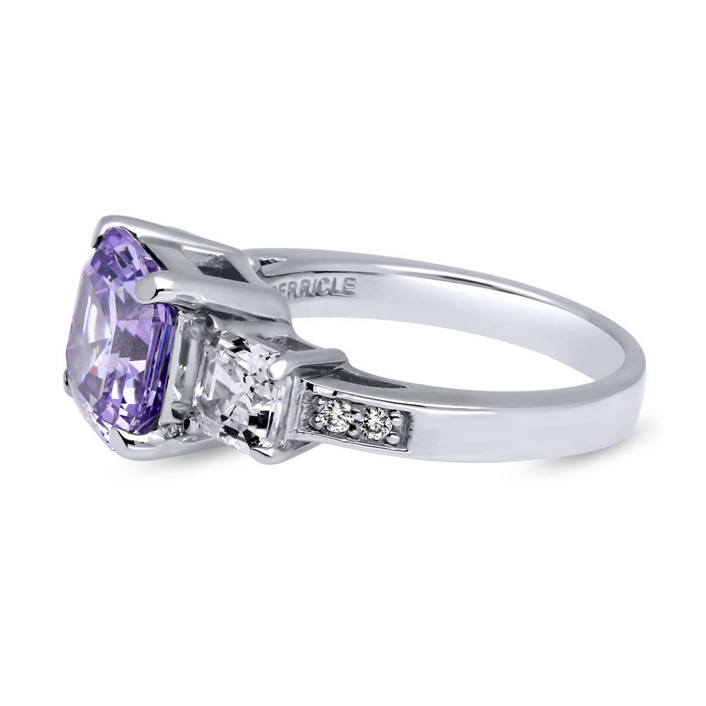 Angle view of 3-Stone Purple Asscher CZ Statement Ring in Sterling Silver