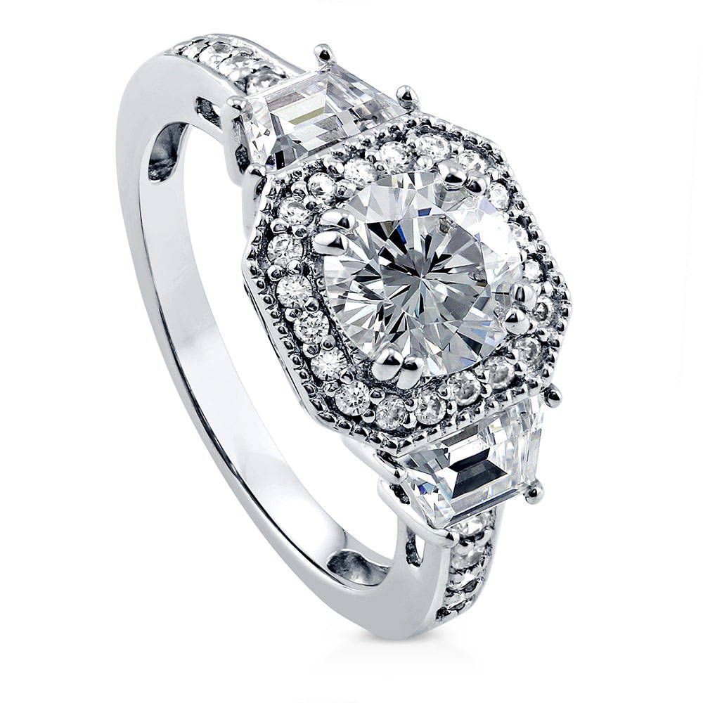Front view of Halo Art Deco Round CZ Ring in Sterling Silver, 3 of 10