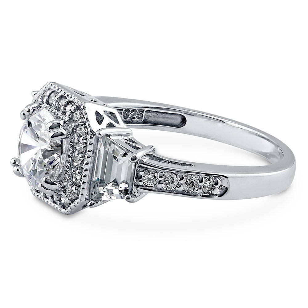 Angle view of Halo Art Deco Round CZ Ring in Sterling Silver