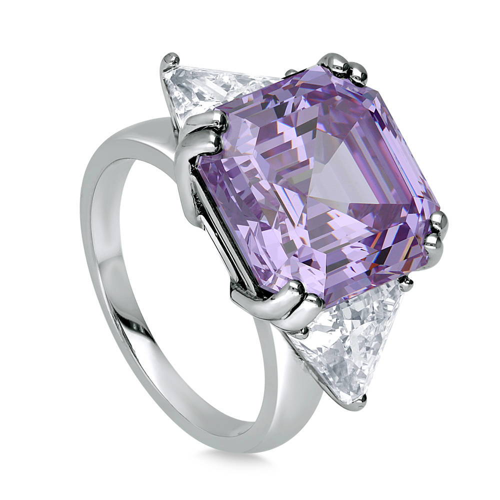 Front view of 3-Stone Purple Asscher CZ Statement Ring in Sterling Silver