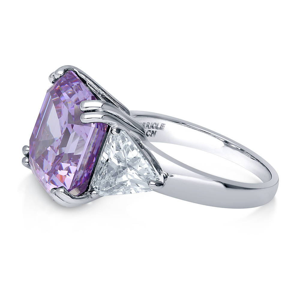 Angle view of 3-Stone Purple Asscher CZ Statement Ring in Sterling Silver