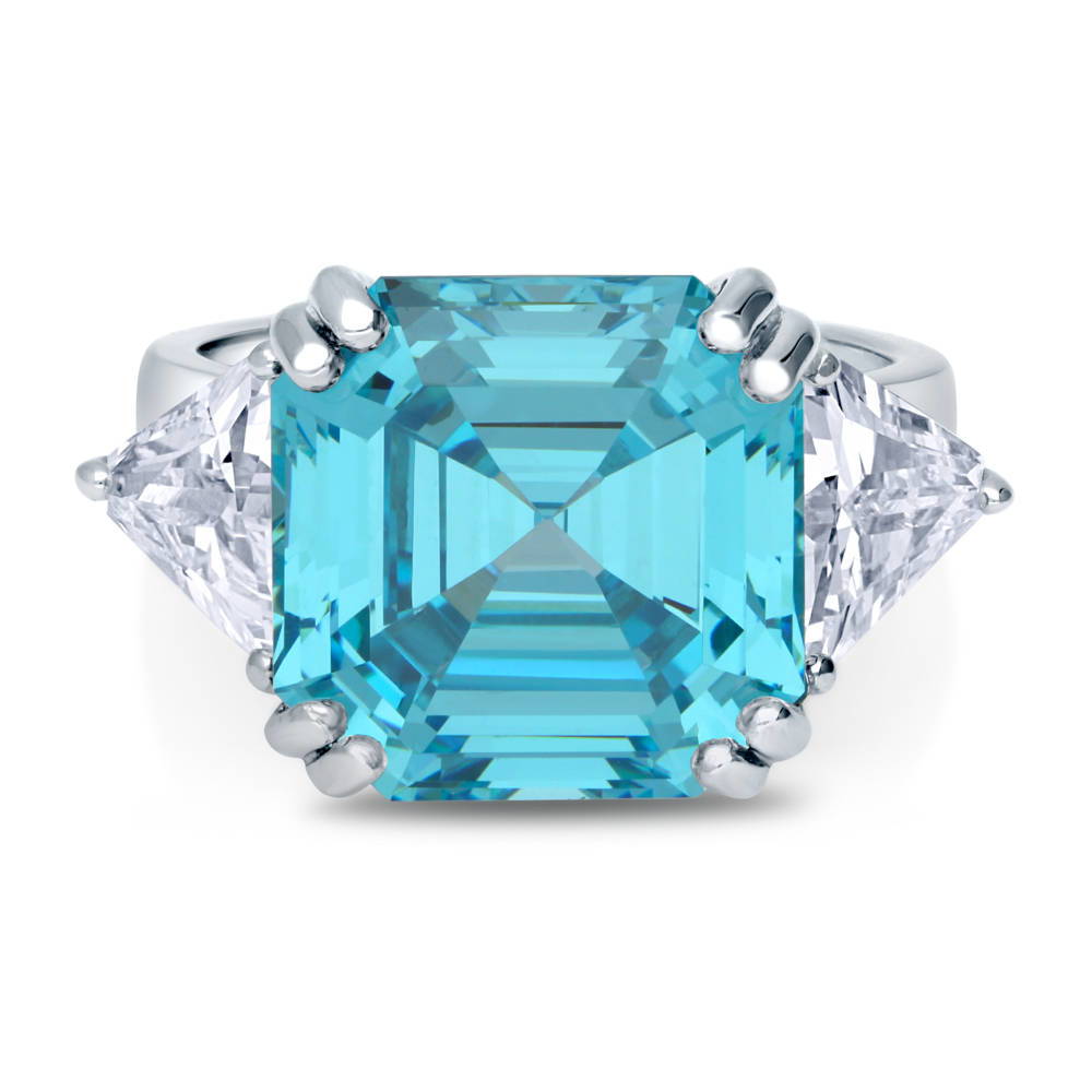 3-Stone Blue Asscher CZ Statement Ring in Sterling Silver, 1 of 7